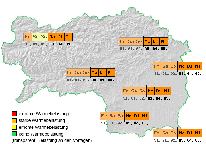 A map showing different regions with varying levels of heat stress, categorized by color codes and labeled with specific dates and times.