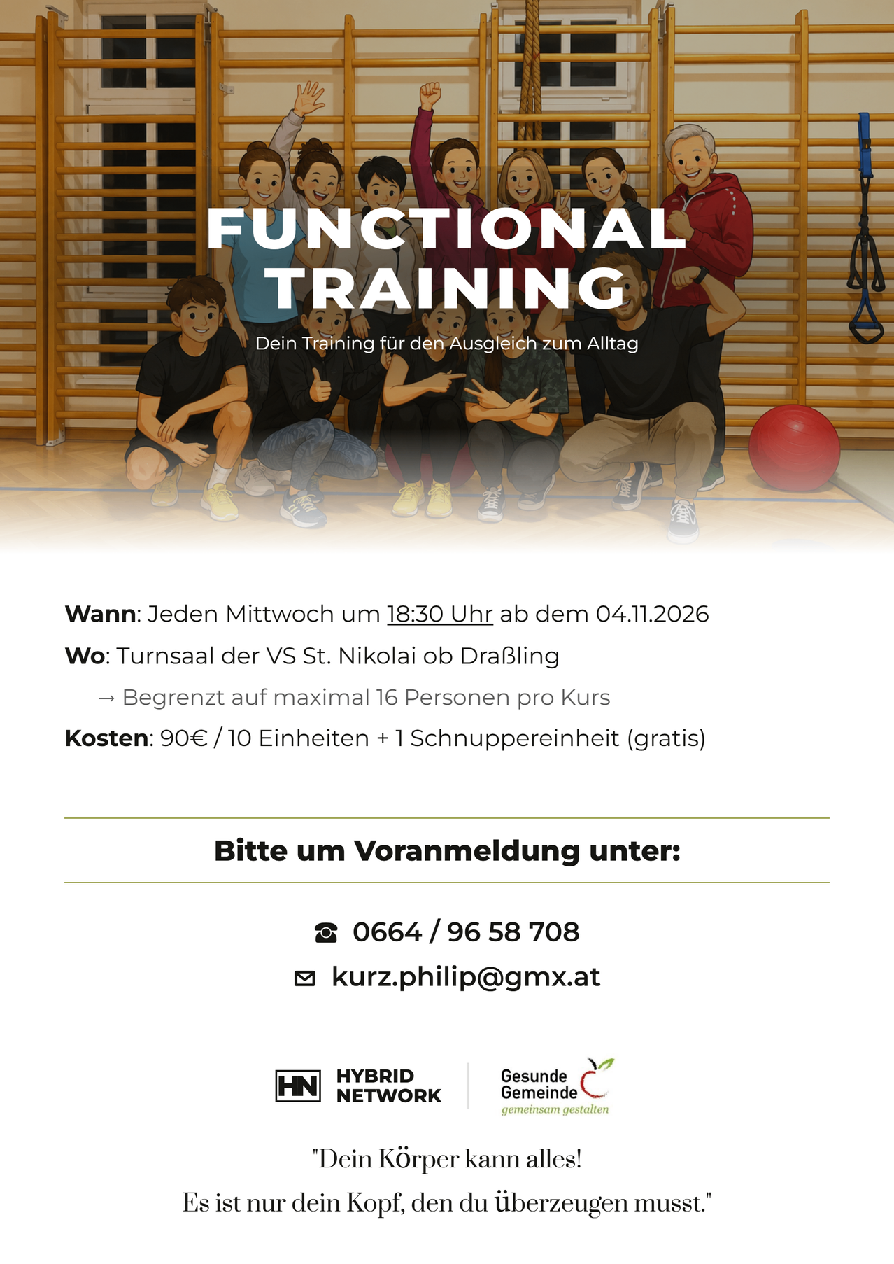 Ein Plakat, das für funktionelles Training wirbt. Es zeigt eine Gruppe von Menschen in einer Turnhalle mit dem Text 'Functional Training' oben. Die Sitzung findet jeden Mittwoch um 18:30 Uhr ab dem 04.11.2026 statt. Der Ort ist Turnsaal der VS St. Nikolai ob Draßling.