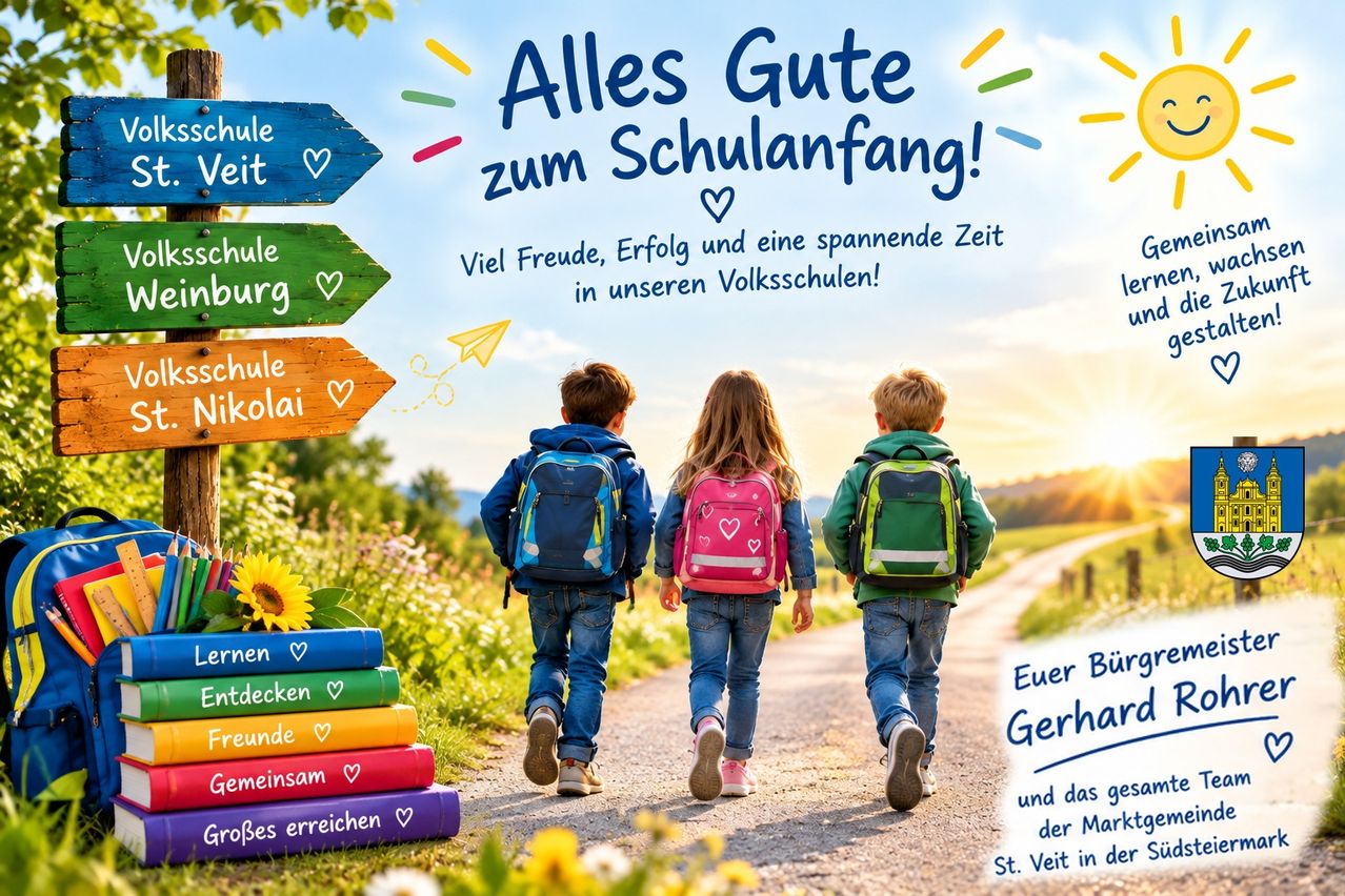 Drei Kinder gehen mit Rucksäcken einen Pfad entlang, umgeben von bunten Büchern und Blumen. Das Bild wirbt für eine Schule mit einer fröhlichen Botschaft.