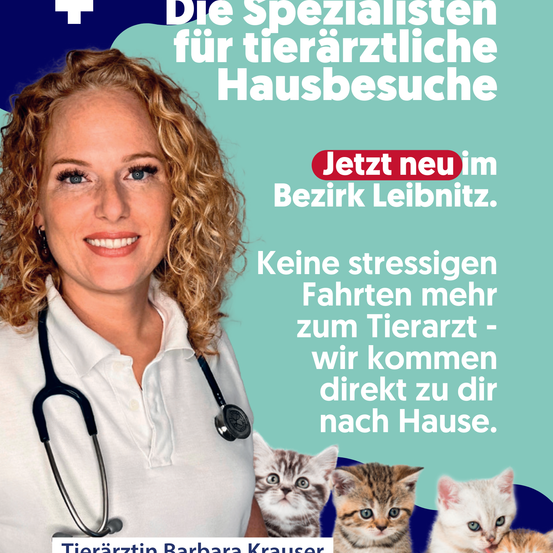 Werbeplakat mit einer Tierärztin mit Stethoskop. Text: Spezialisten für tierärztliche Hausbesuche. Keine stressigen Fahrten mehr zum Tierarzt - wir kommen direkt zu Ihnen nach Hause. Tierärztin Barbara Krause.