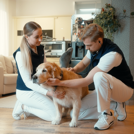 Ein Tierarzt untersucht einen Hund, während eine Frau ihn hält. Sie sind in einem Raum mit einer Couch und einer Küche im Hintergrund.