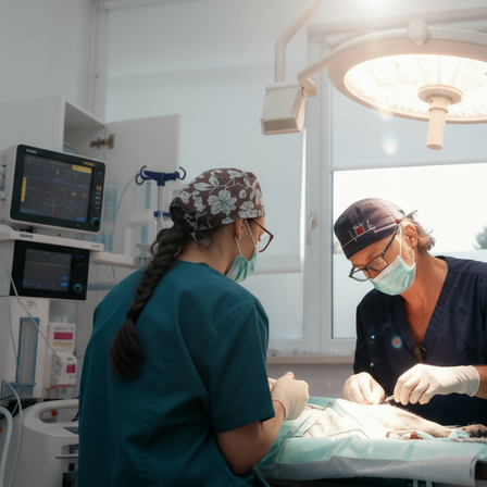 Zwei medizinische Fachkräfte führen eine Operation an einem kleinen Tier in einer Tierklinik durch. Der Tierarzt trägt eine Brille und eine Maske. Eine weibliche Assistentin ist ebenfalls anwesend.