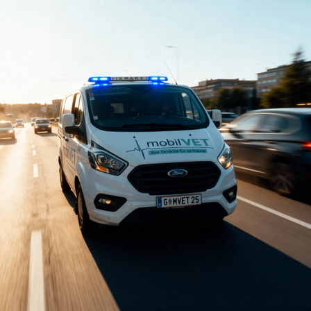 Ein weißer Ford Transit-Van mit blauen Lichtern auf dem Dach fährt auf der Straße. Der Van hat die Worte 'mobilVET' und 'Tierarzt' an der Seite.