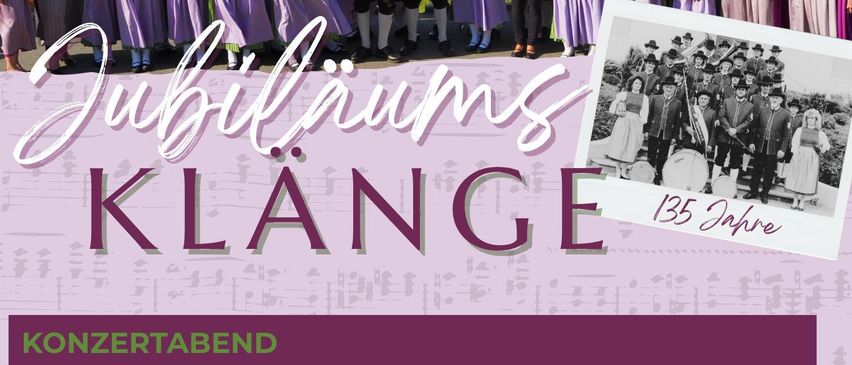 Plakat für ein Chor-Event 'Jubiläums Klänge', das 135 Jahre feiert. Der Chor in lila Outfits ist abgebildet mit einem historischen Bild. Veranstaltungen sind am 28. und 30. November 2025.