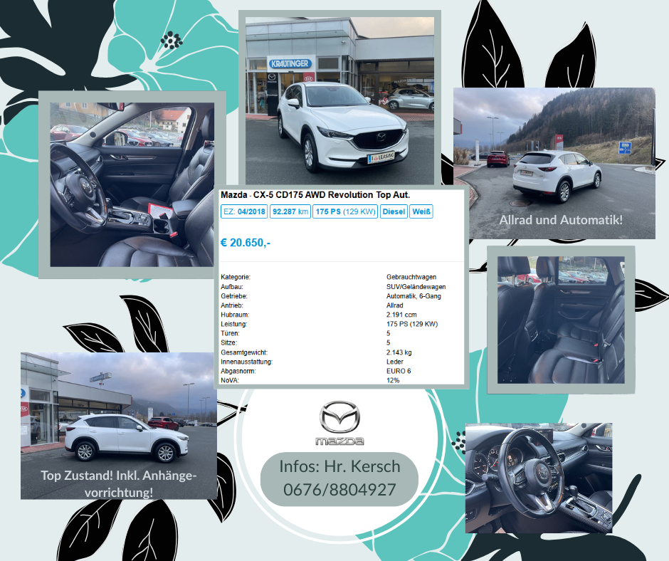 Ein weißer Mazda CX-5 mit dem Kennzeichen 'MAZDA LEASING' steht vor einem Autohaus. Der Wagen hat einen Preis von 20.650 Euro. Die Spezifikationen des Autos umfassen einen Dieselmotor, 175 PS und 92.287 Kilometer.