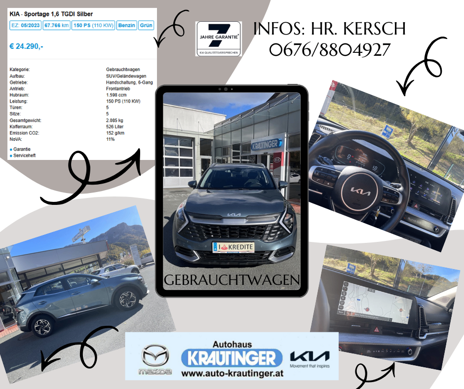 Ein Werbebanner für ein Autohaus. Die Anzeige zeigt einen Kia auf einem Bildschirm mit Details zum Fahrzeug. Der Text hebt die Spezifikationen des Autos und die Kontaktdaten des Händlers hervor.