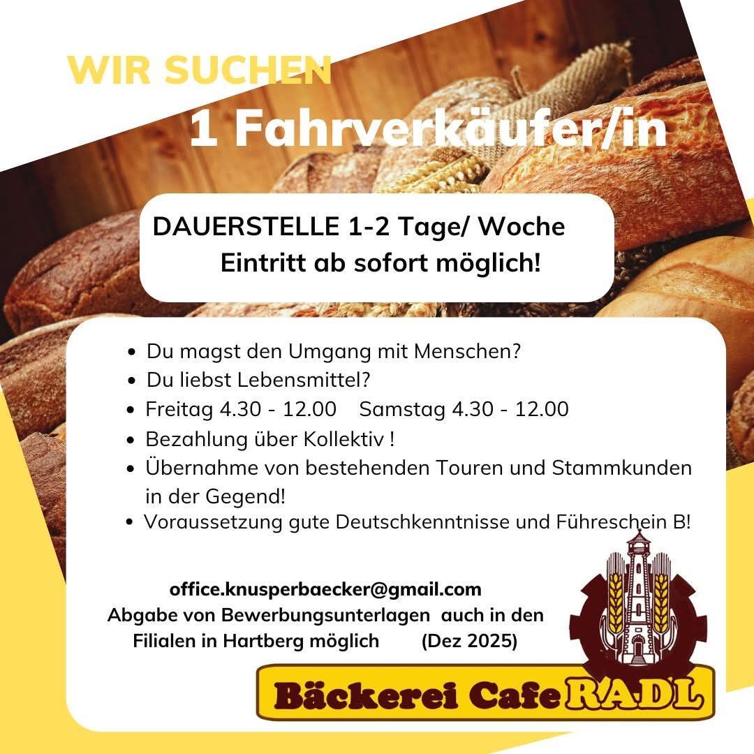 Stellenausschreibung für einen Verkaufsmitarbeiter für eine Bäckerei. Anforderungen sind die Liebe zu Lebensmitteln, gute Umgangsformen und Verfügbarkeit freitags und samstags von 4:30 bis 12:00. Bewerbungsdetails sind angegeben.