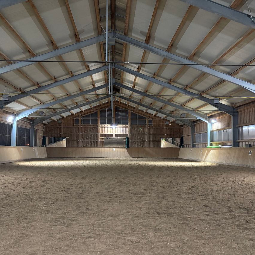 Eine leere Indoor-Arena mit sandigem Boden und Metallträgern, die das Dach stützen. Die Arena ist gut beleuchtet mit Lampen an der Decke.