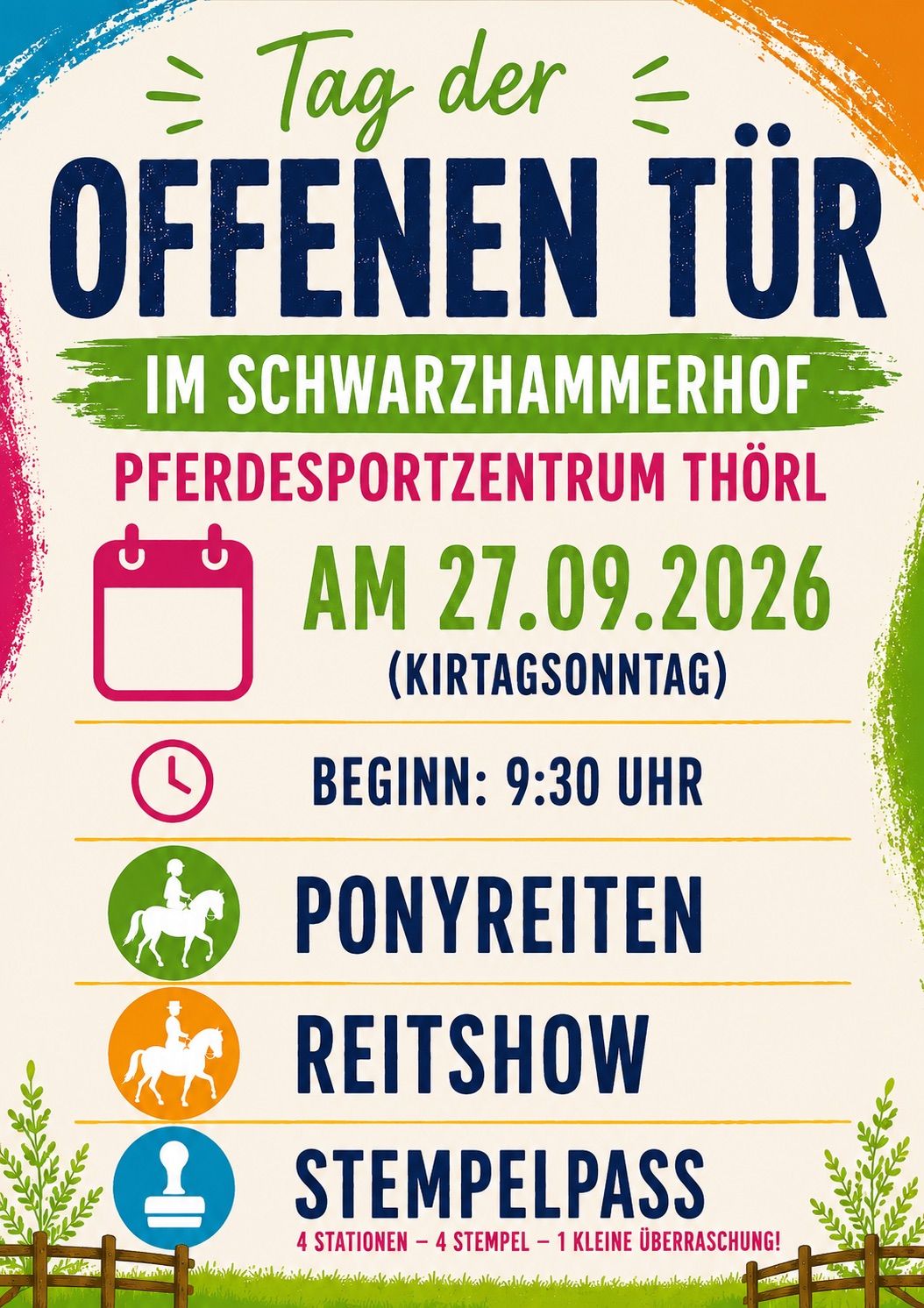 Poster for an event at the Schwarzhammerhof Equestrian Center on September 27, 2026. The event includes pony riding and a riding show starting at 9:30 AM.