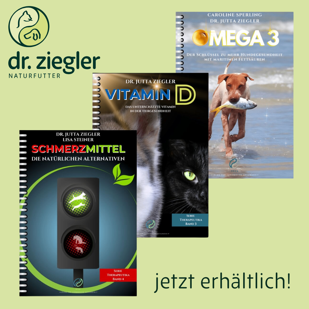 Werbung für Bücher von Dr. Ziegler mit einer Katze und einem Hund, neben einer Ampel, die natürliche Heilmittel symbolisiert.