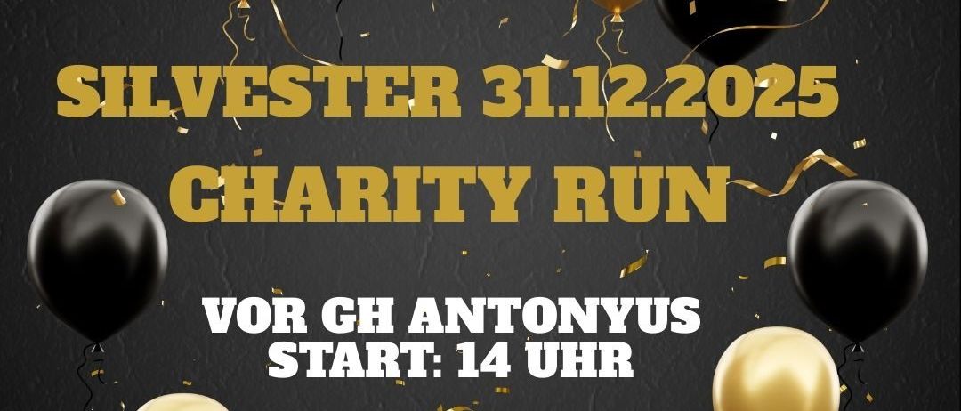 Eine Anzeige für einen Wohltätigkeitslauf an Silvester, dem 31. Dezember 2025. Die Veranstaltung zeigt Luftballons und einen Läufer. Der Startzeitpunkt ist 14 Uhr.
