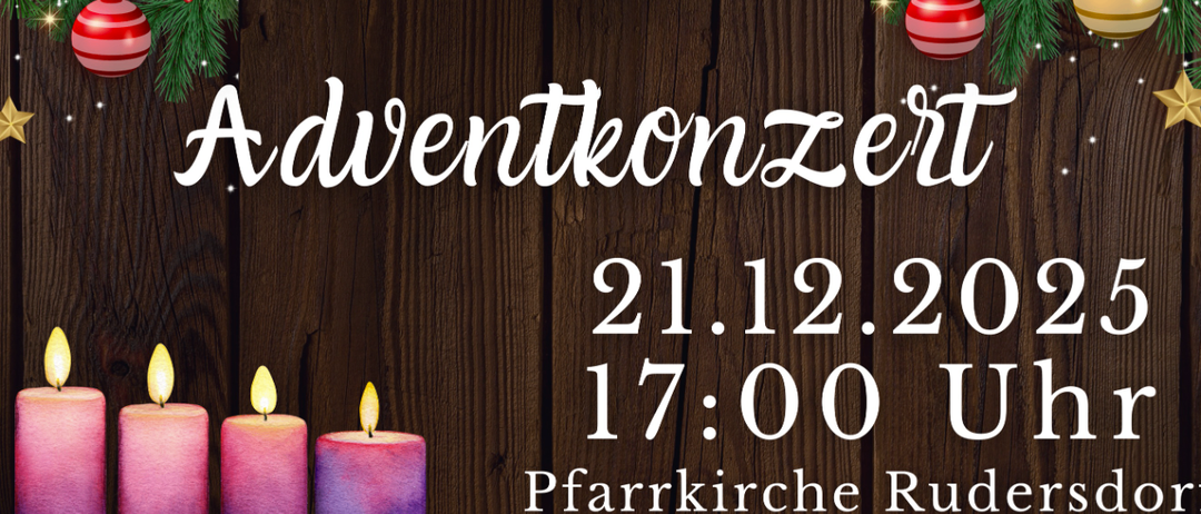 Eine Anzeige für Adventkonzerte am 21. Dezember 2022 um 17:00 Uhr in der Pfarrkirche. Zwei Kerzen sind abgebildet.