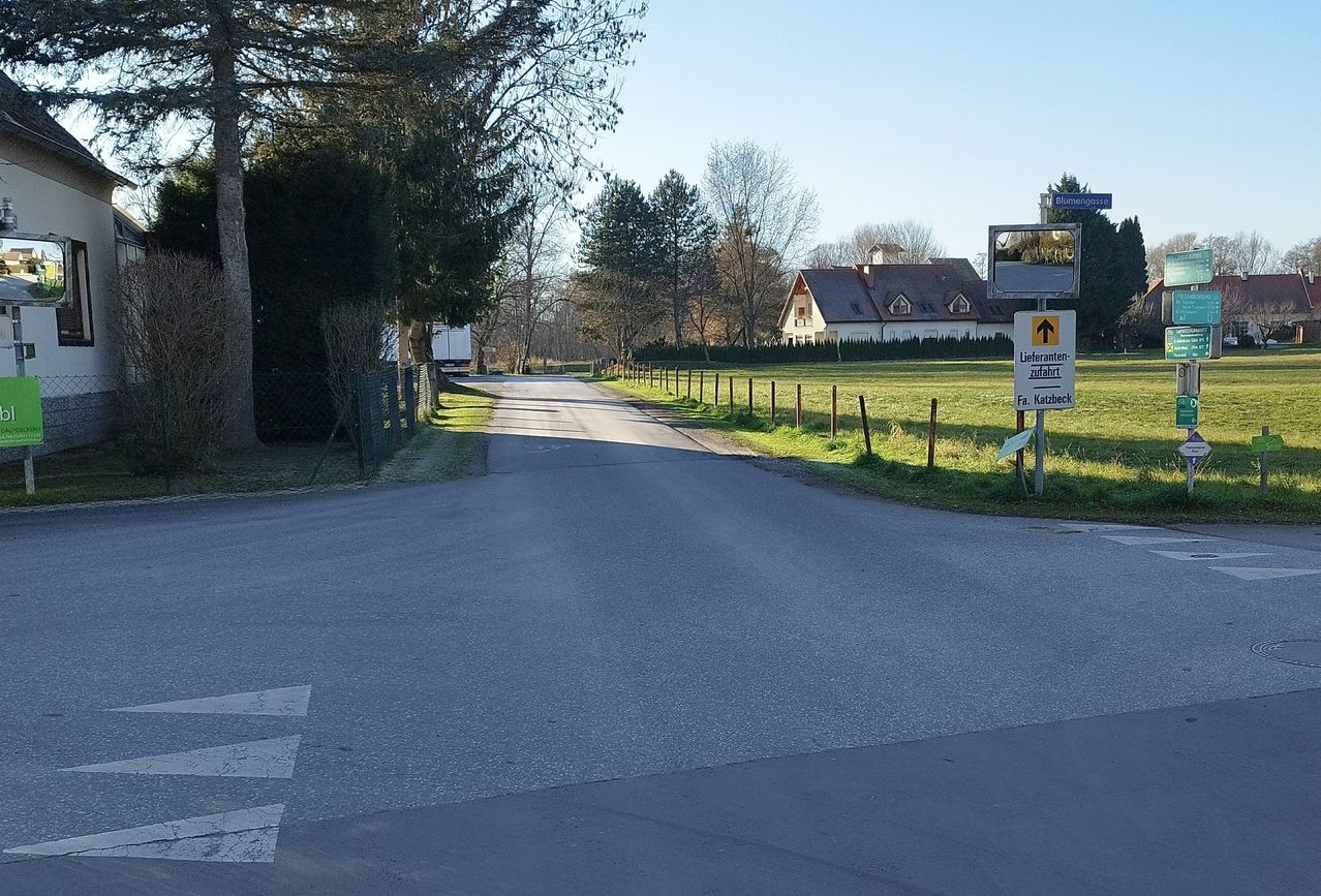 Eine leere Straße führt zu einem Haus, mit Bäumen und einem Feld an der Seite. Ein Schild weist auf Lieferzugang hin.