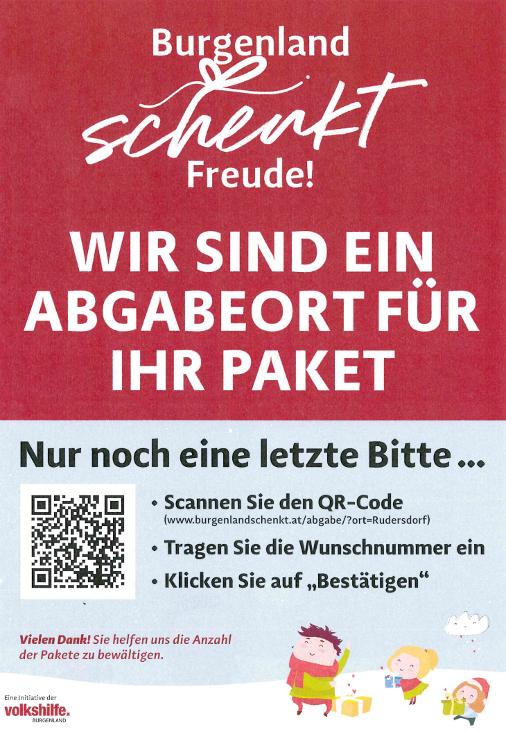 Ein rotes Plakat mit weißem Text. Es steht 'Wir sind ein Abgabeort für Ihr Paket'. Darunter befindet sich ein QR-Code und die Aufforderung, eine Wunschnummer einzugeben und auf 'Bestätigen' zu klicken. Der Hintergrund ist rot mit weißem Text.