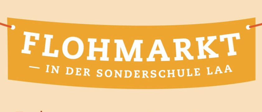 Plakate kündigen eine Veranstaltung in der LAA-Sonderschule an. Freitag, 9. Mai 2025, von 14 bis 18 Uhr. Samstag, 10. Mai 2025, von 9 bis 16 Uhr. Kaffee und Küche.