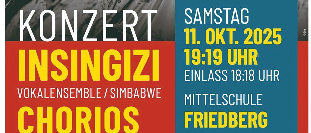 Konzertankündigung mit Schwarz-Weiß-Foto von Sängern. Es enthält Details wie Datum, Uhrzeit, Veranstaltungsort, Ticketpreise und eine Erwähnung eines Buffets mit afrikanischem Fingerfood und Weinen.