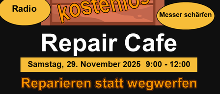 Plakat für den Reparatur-Café am Samstag, 29. November 2025, von 9:00 bis 12:00 Uhr, mit kostenlosen Reparaturen für Elektronik, Laptops, Radios und Werkzeuge. Ort: Pfarrsaal der Pfarre Dechantskirchen.