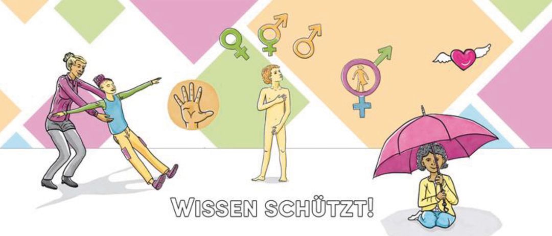 Eine Illustration mit einer Person, Geschlechtssymbolen und einem Schild mit den Worten 'WISSEN SCHUTZT!' am unteren Rand.