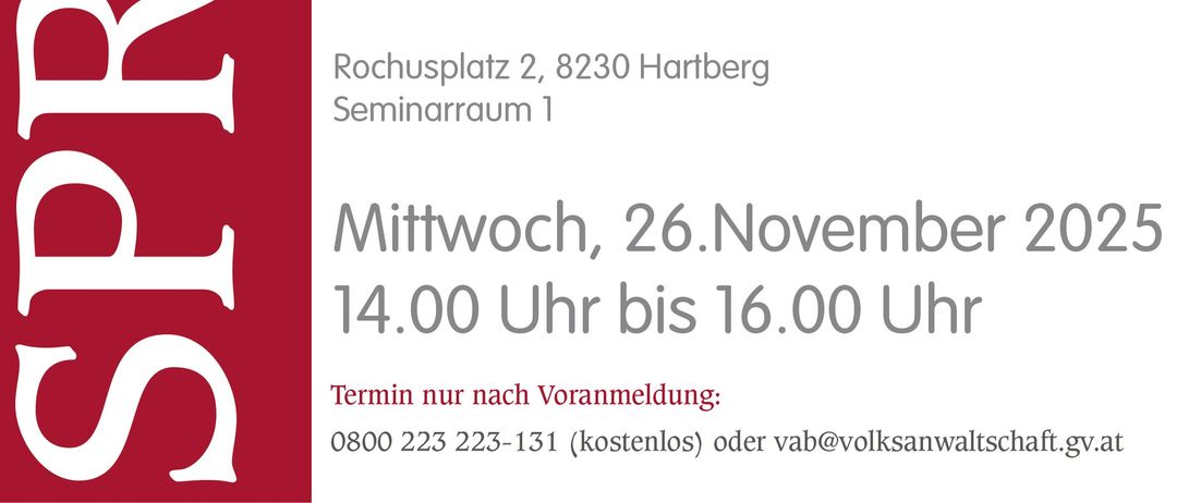 Ein Plakat bewirbt eine Veranstaltung von Gaby Schwarz, einer Volksanwaltin. Die Veranstaltung wird von der Bezirkshauptmannschaft Hartberg-Furstenfeld am Rochusplatz 2, 8230 Hartberg, Seminarraum 1, am Mittwoch, 26. November 2025, veranstaltet.