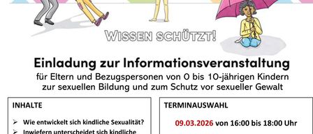 Einladung zur kostenlosen Informationsveranstaltung für Eltern und Bezugspersonen von 0 bis 10-jährigen Kindern über sexuelle Bildung und Schutz vor sexueller Gewalt. Es werden Termine, behandelte Themen und Anmeldeinformationen aufgelistet.