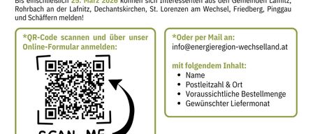 Einladung zur Pellets-Sammelbestellung 2026. Deutschland will unabhängig von fossiler Energie werden. QR-Code scannen und Online-Formular ausfüllen. Die Anmeldung ist nicht bindend. Bis einschließlich 25. März 2026 können sich Interessierte aus bestimmten Gemeinden anmelden.