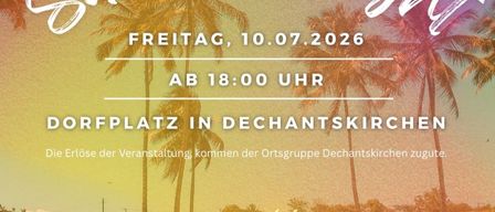 Summer Night event poster on Friday, 10.07.2026 at 18:00. Location: Dorfplatz in Dechantskirchen. Bad weather in the community cellar.
