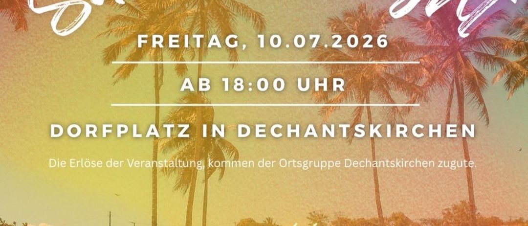 Plakat für die Summer Night Veranstaltung am Freitag, 10.07.2026 um 18:00. Ort: Dorfplatz in Dechantskirchen. Schlechtwetter im Gemeinschaftskeller.