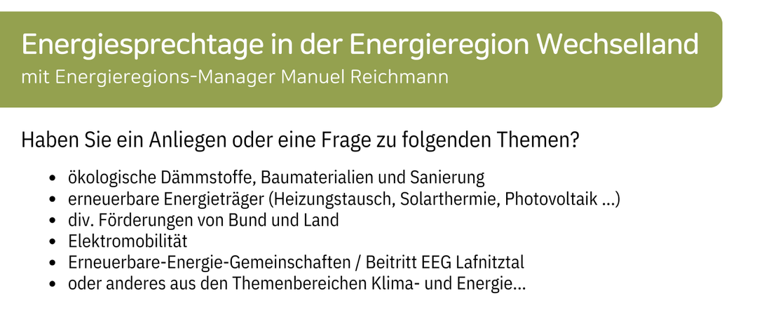 Ein Flyer für Energieberatungsveranstaltungen in der Wechselland-Region, mit Datum, Uhrzeit und Orten für verschiedene Gemeinden. Es lädt Einwohner ein, an Diskussionen über ökologische Materialien, erneuerbare Energien und andere klimabezogene Themen teilzunehmen.