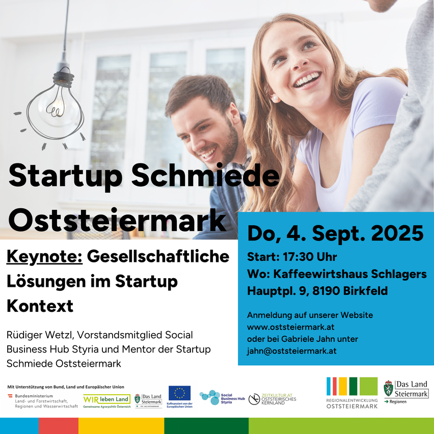 Werbeposter für Startup Schmiede Osterreich. Die Veranstaltung findet am 4. September 2025 um 17:30 Uhr im Kaffeewirtschaft Schlagers Hauptpl. 9, 8190 Birkfeld statt. Anmeldung über ihre Website möglich.
