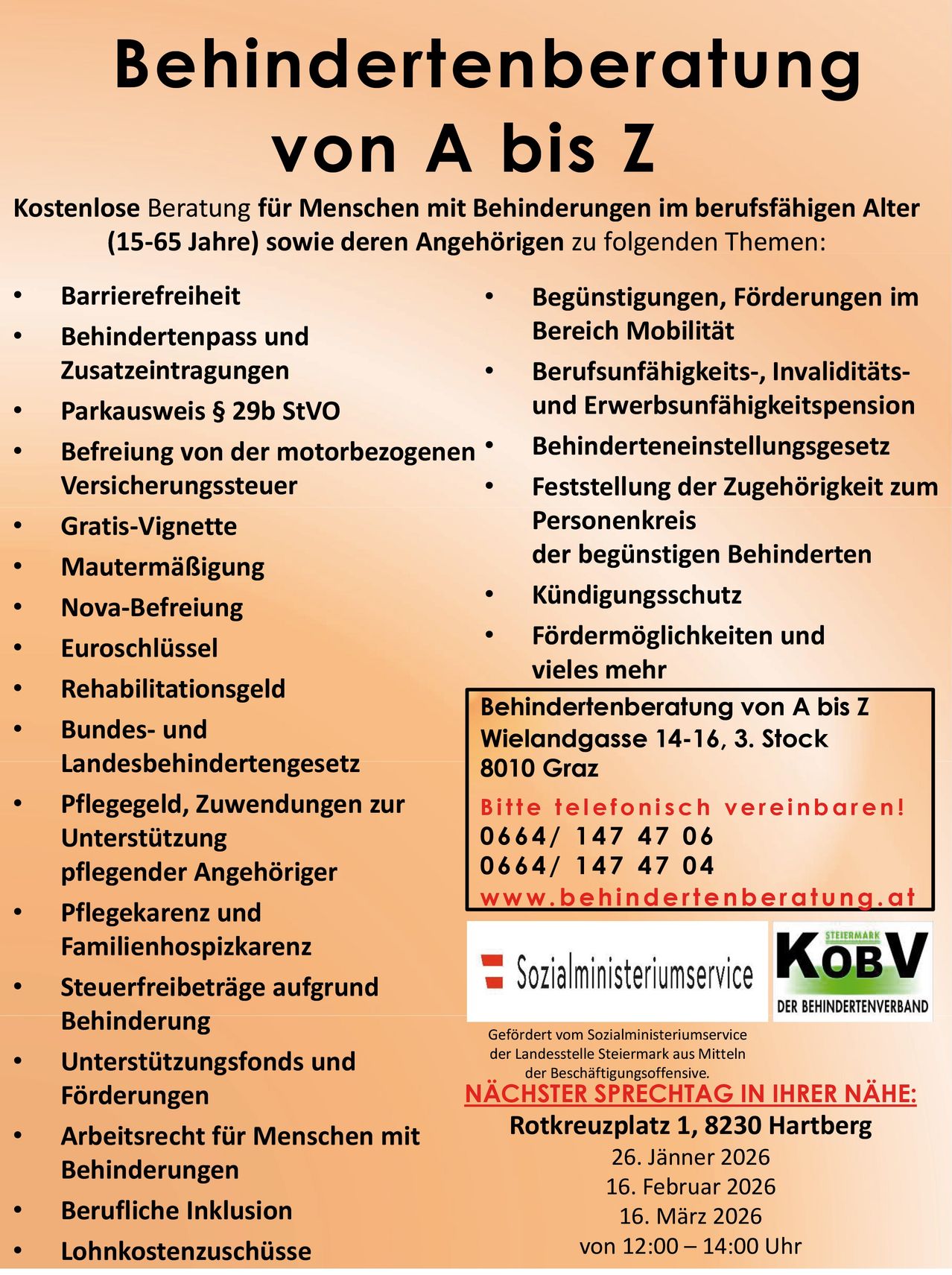 Kostenlose Beratung für Menschen mit Behinderungen im erwerbsfähigen Alter (15-65 Jahre) und deren Angehörige zu Themen wie Barrierefreiheit, Behindertenpass und Parkausweis. Kontakt per Telefon oder Website für weitere Informationen.