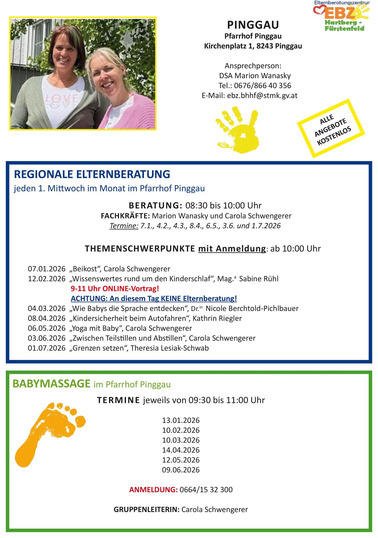 Plakat mit Terminen für regionale Elternberatung und Babymassage-Sitzungen. Beratung zu verschiedenen Themen von Marion Wanasky und Carola Schwengerer. Termine und Themen aufgelistet. Kostenlos.