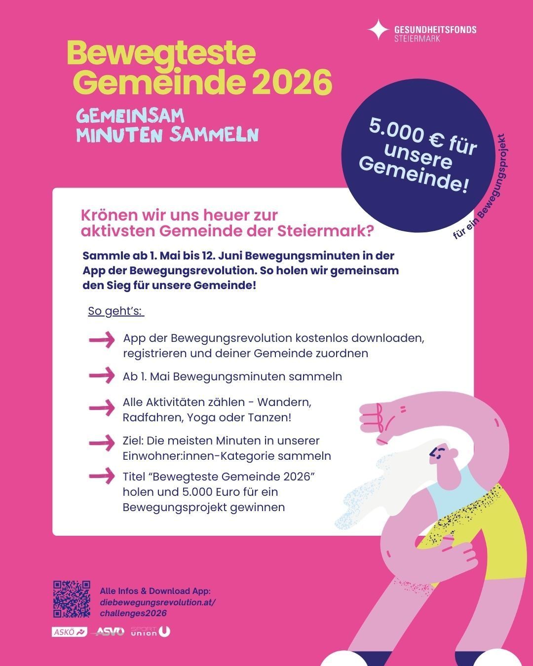 Poster advertises a community challenge to collect movement minutes from May 1 to June 12. Participants can use the Bewegungsrevolution app to register and log their minutes. The aim is to win the title of 'Most Active Community 2026' and 5,000 euros for a community project. Activities like walking, cycling, yoga, and dancing are included.