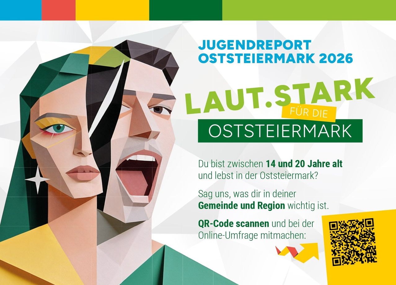 Poster for the Youth Report in Oststeiermark 2020, encouraging individuals aged 14-20 to participate in an online survey by scanning a QR code. The poster highlights the importance of their voices in their community and region.