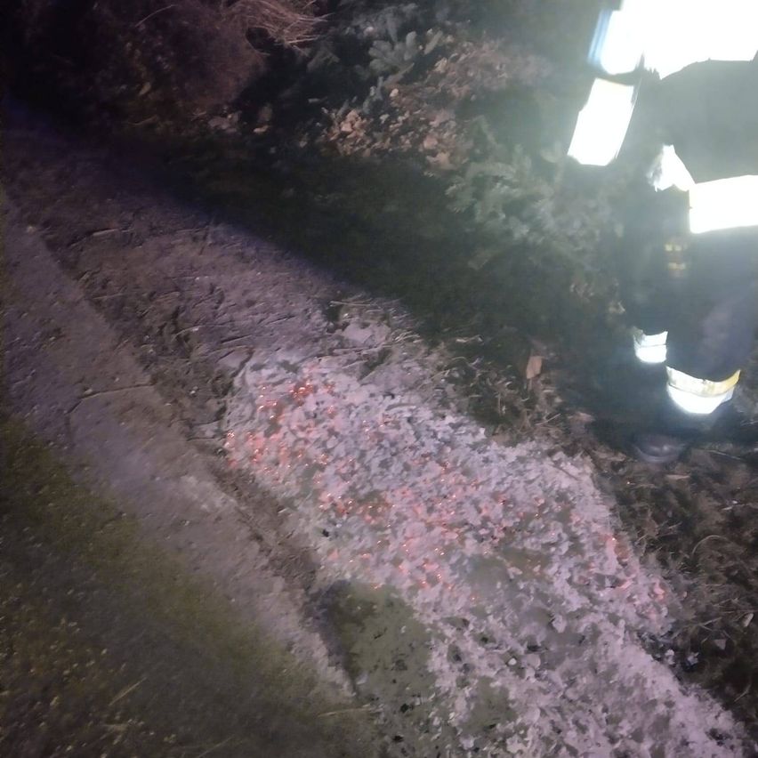 Eine Person in Sicherheitsausrüstung steht am Straßenrand, beleuchtet von einer Taschenlampe. Auf dem Boden befinden sich rosa Flecken, möglicherweise Asche.