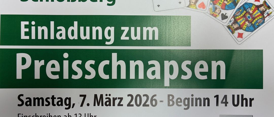Plakat für eine Kartenspiel-Veranstaltung von Seniorenbund Schloßberg. Geplant für den 7. März 2026, Beginn um 14 Uhr in Kieler Straße 10, 8463 Leutschach.