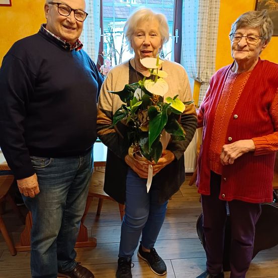 Drei ältere Menschen stehen in einem Raum mit einer gelben Wand. Die Frau in der Mitte hält eine Pflanze. Der Mann auf der linken Seite lächelt. Die Frau auf der rechten Seite trägt einen roten Pullover.