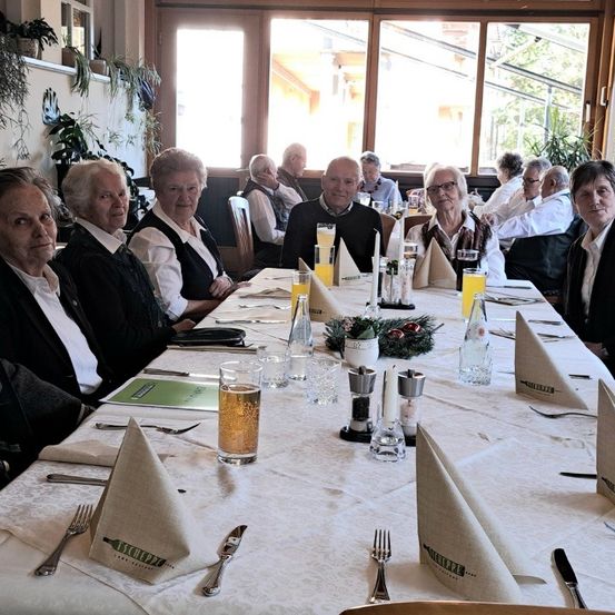 Eine Gruppe älterer Menschen sitzt an einem Tisch in einem Restaurant und genießt Getränke und Essen. Der Tisch ist mit Servietten, Gläsern und Besteck gedeckt. Das Restaurant hat große Fenster und an den Wänden sind Topfpflanzen zu sehen.