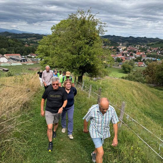 Eine Gruppe von Menschen wandert einen grasbewachsenen Hügel mit einem Zaun hinauf und überblickt ein Dorf mit rotgedeckten Häusern.