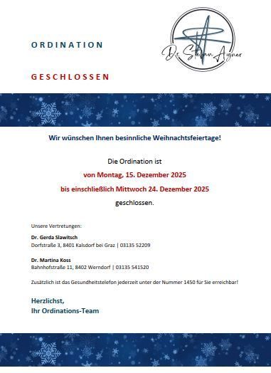 A notice informs that the office is closed for Christmas from December 15, 2025, to December 24, 2025. Contact details for two doctors are provided. A holiday greeting is given at the bottom.