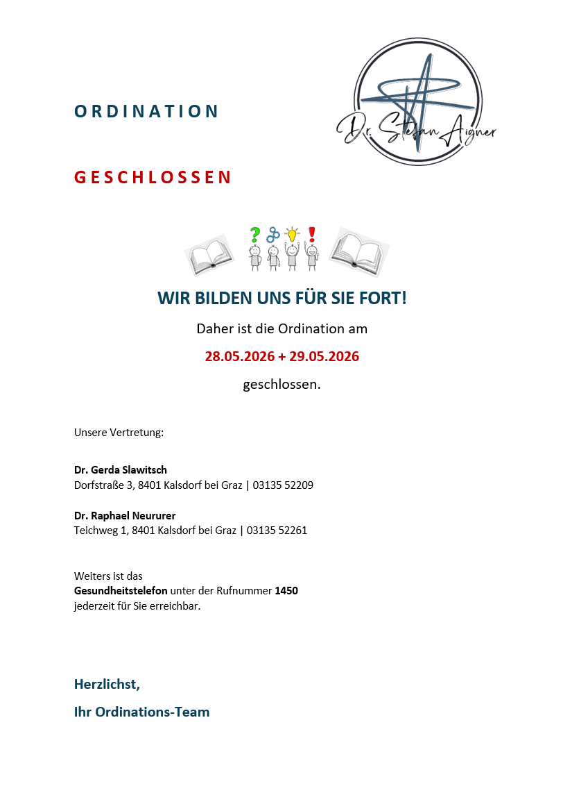 Eine Anzeige einer Arztpraxis zeigt ein Logo, Bilder und Kontaktinformationen. Es werden geschlossene Tage, Vertreterdetails und eine Gesundheitstelefonnummer erwähnt.