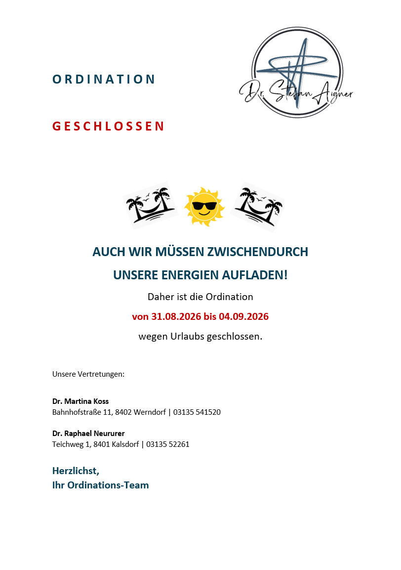 A notice about a closed office due to vacation, with dates and contact information for two doctors.