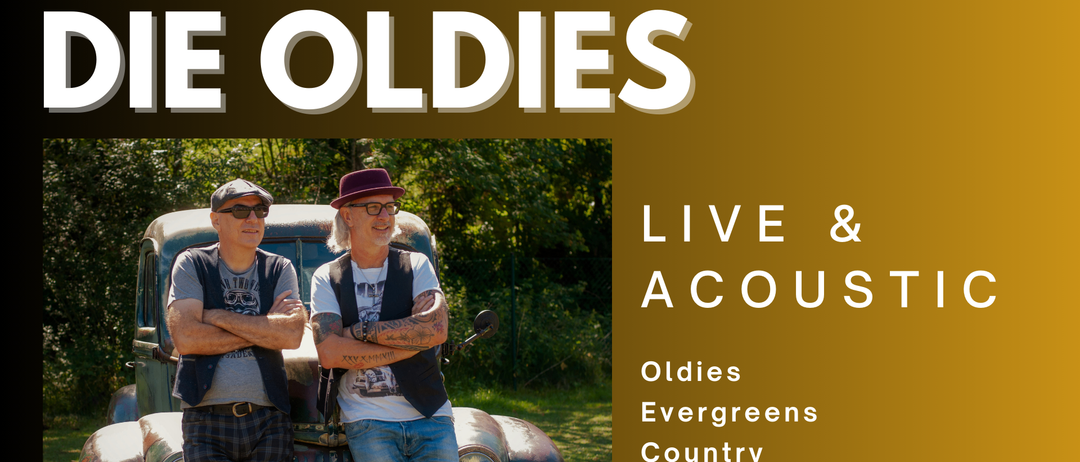 Ein Bild eines Oldtimers mit zwei Männern daneben. Das Wort OLDIES ist oben prominent angebracht.