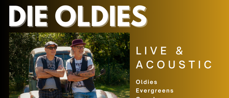 Zwei Männer stehen vor einem alten Auto und lächeln, einer trägt eine Weste. Der Text lautet 'Live & Akustisch Oldies Evergreens Country Austropop'.