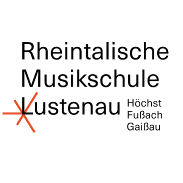 Das Bild zeigt das Logo der Rheintalische Musikschule in Lustenau. Das Logo enthält den Text 'Rheintalische Musikschule' und 'Lustenau' in fetter schwarzer Schrift, zusammen mit einem roten X-Symbol. Darunter steht 'Hochst FuBach GaiBau' in kleinerer schwarzer Schrift.