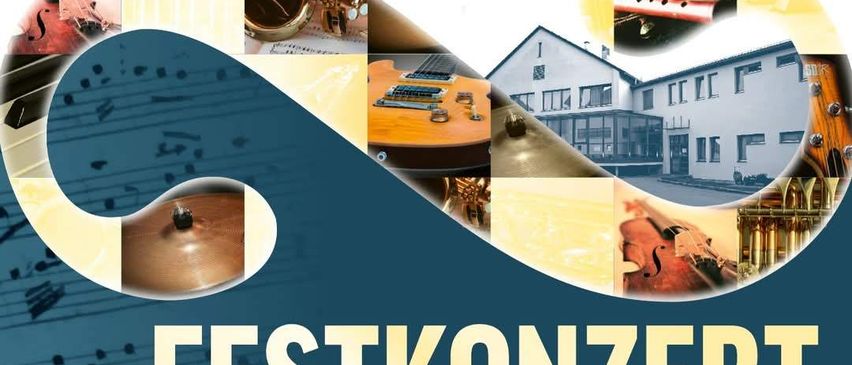 Plakat für das Festkonzert der Musikschule Krieglach am 24. Mai 2025 um 18 Uhr im VAZ Krieglach, mit verschiedenen Musikinstrumenten und einem Gebäude.