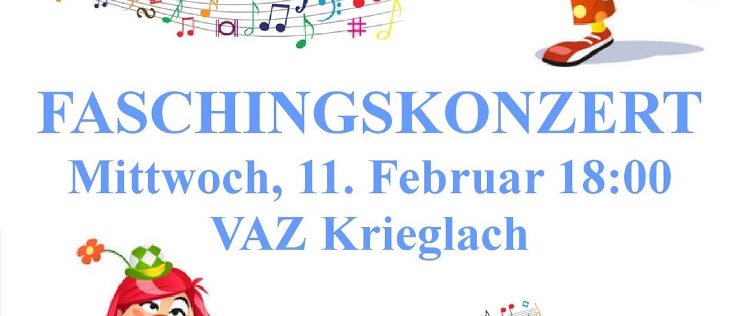 Plakat für ein Faschingskonzert mit Clowns und Musiknoten, geplant für Mittwoch, 11. Februar um 18:00 Uhr im VAZ Krieglach.