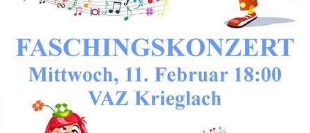 Plakat für ein Faschingskonzert mit Clowns und Musiknoten, geplant für Mittwoch, 11. Februar um 18:00 Uhr im VAZ Krieglach.