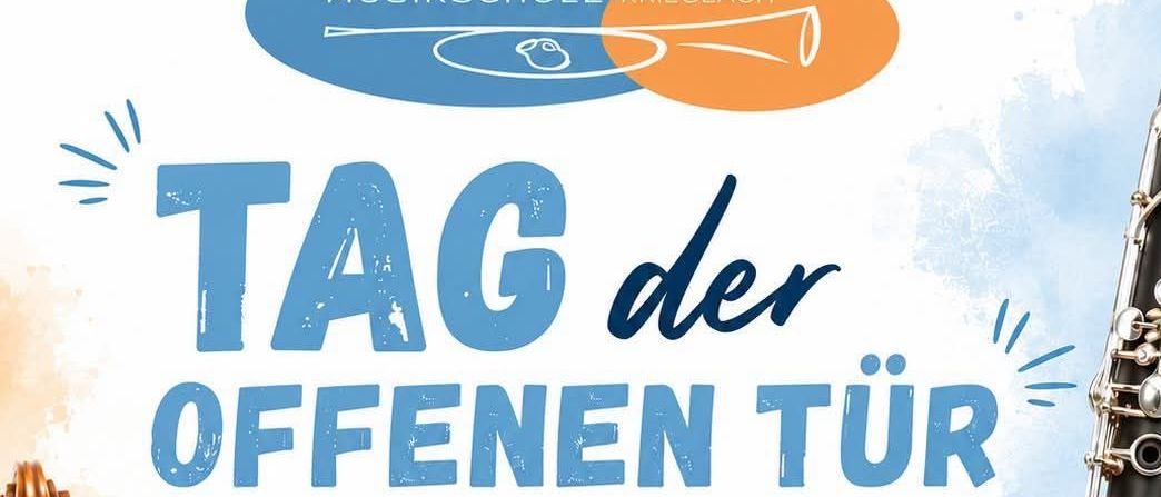 Plakat für den Tag der offenen Tür am 19. September 2026 mit einer Geige, einem Saxophon und einer Klarinette. Die Veranstaltung ermutigt zur Entdeckung musikalischer Talente und zum Ausprobieren verschiedener Instrumente.