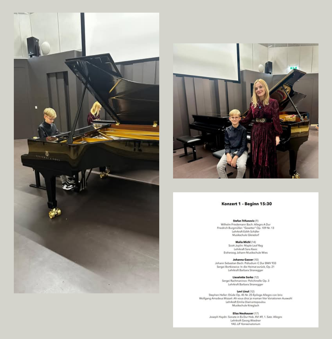 A poster features a piano concert announcement, with two images: one of a young boy playing the piano and another of a woman and boy next to a piano. The program lists various compositions by different composers.