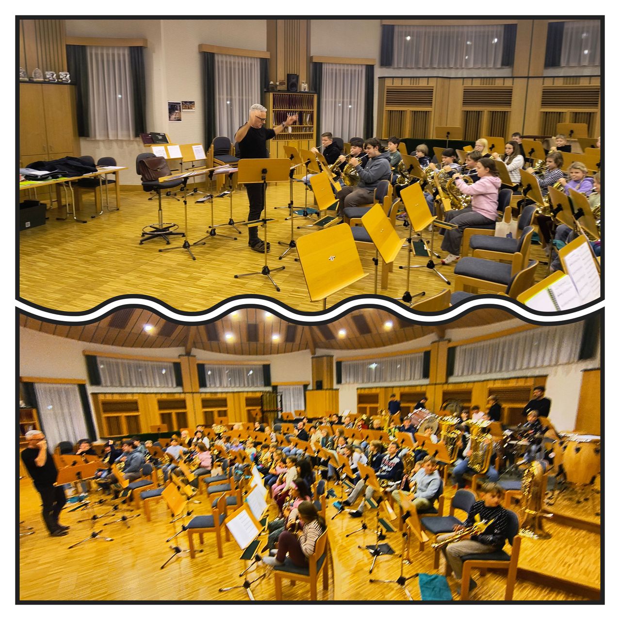 Zwei Fotos zeigen eine große Orchesterprobe mit Musikern, die Trompeten und Posaunen spielen. Das obere Foto zeigt einen Dirigenten auf der Bühne. Das untere Foto zeigt das Orchester aus einem anderen Blickwinkel.